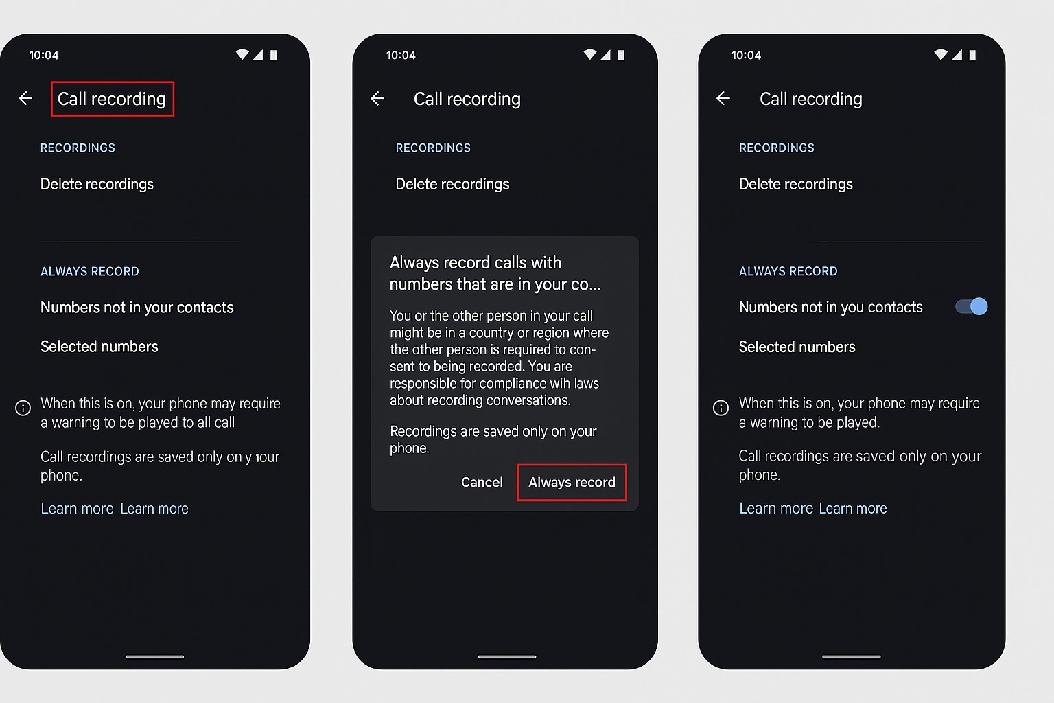تنظیمات ضبط مکالمه در برنامه Google Phone اندروید