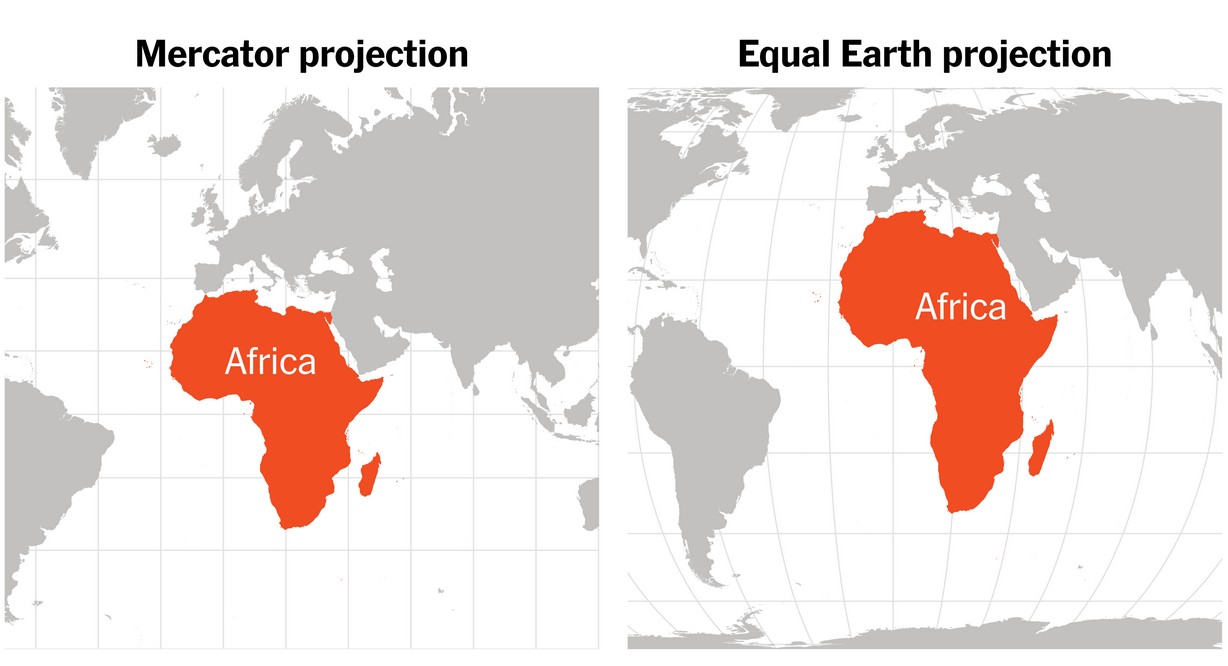 مقایسه نقشه مرکاتور و Equal Earth و اندازه واقعی قاره‌های جهان