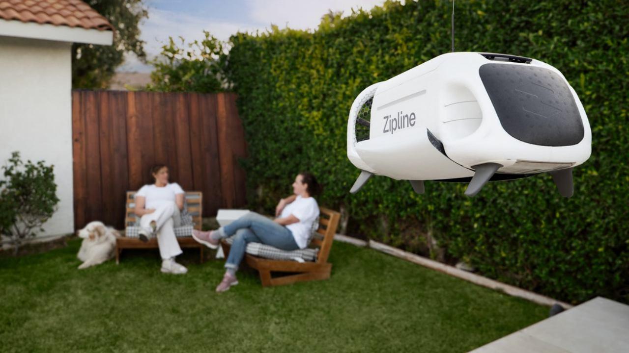 Zipline drone releasing a delivery package near a customer